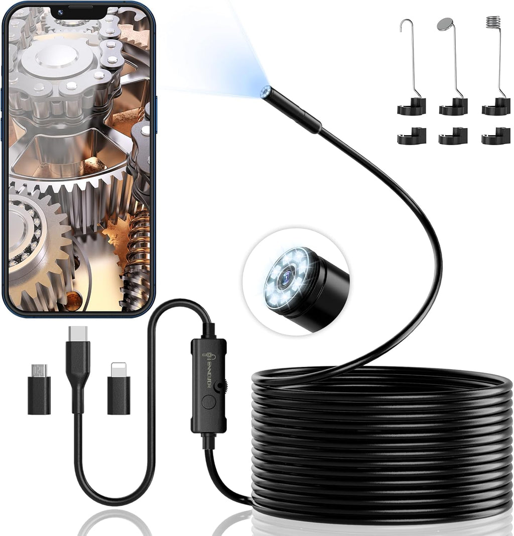 Endoscope Camera with Light, Ennovor 1920P HD, Endoscope Inspection with 8 Adjustable LED Lights, Borescope with Flexible Rigid Snake Camera, IP67 Waterproof and No Wi-Fi Required, for Android & iOS