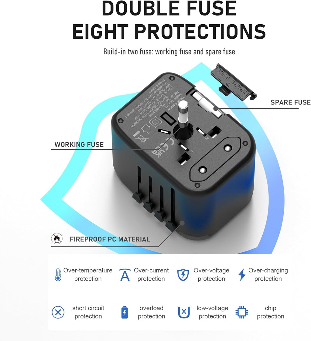 Universal International Power Travel Plug Adapter, 5 in 1 European Travel Plug Adapter W/ 3.5A 2xUSB-A and 2xUSB C Wall Charger and Worldwide AC Outlet for Europe USA UK AUS Asia (Black Grey)