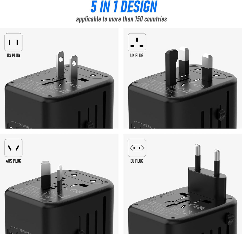 Universal International Power Travel Plug Adapter, 5 in 1 European Travel Plug Adapter W/ 3.5A 2xUSB-A and 2xUSB C Wall Charger and Worldwide AC Outlet for Europe USA UK AUS Asia (Black Grey)
