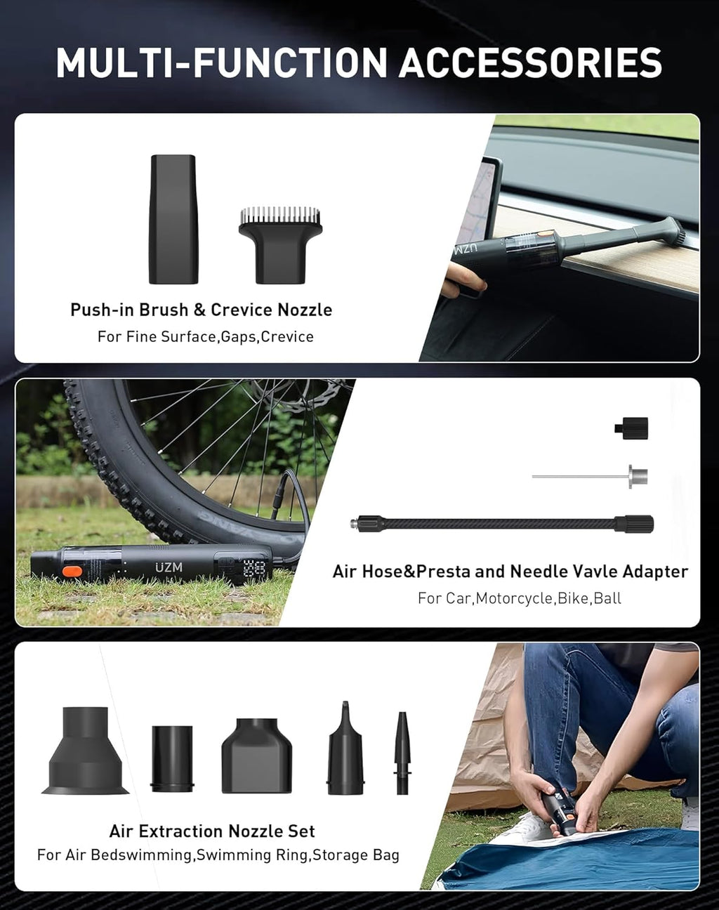 3-in-1 Car Vacuum and Tire Inflator, Cordless Car Vacuum Cleaner, 2X Fast Inflation,150 PSI,12000Pa Suction Power, LED Display, Portable Air Pump for Car, E-Bike, Motorcycle, Ball