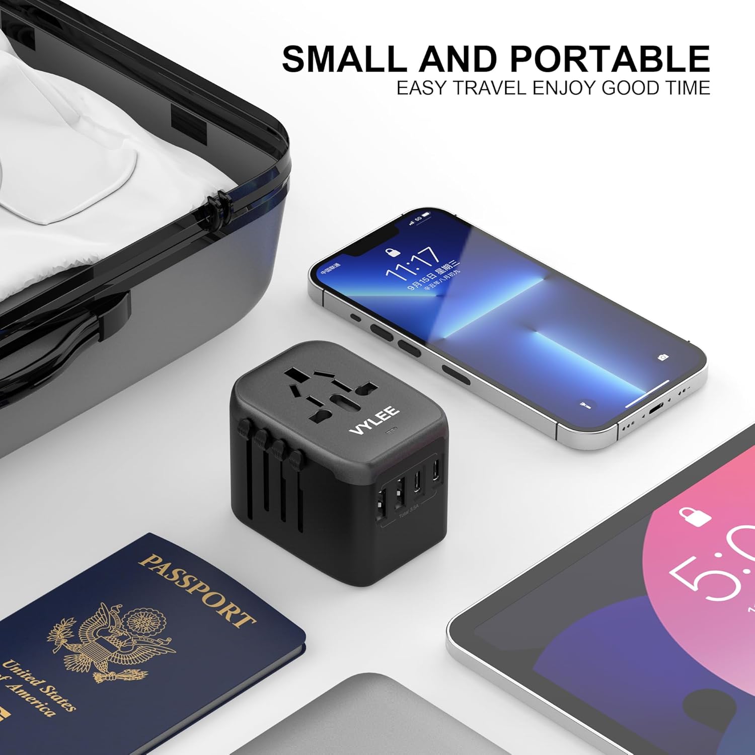 Universal International Power Travel Plug Adapter, 5 in 1 European Travel Plug Adapter W/ 3.5A 2xUSB-A and 2xUSB C Wall Charger and Worldwide AC Outlet for Europe USA UK AUS Asia (Black Grey)