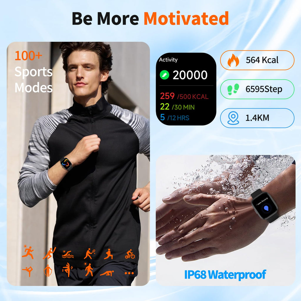 Smart Watch for Men Women, 1.83" HD, Alexa Built-in, Bluetooth 5.3 Calls & Notifications, IP68 Waterproof,100+ Sport Modes,Fitness Tracker/Heart Rate/SpO2/Sleep Monitor for Android iOS (Black)