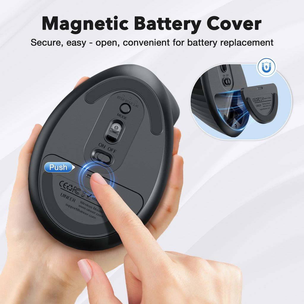 Wireless Ergonomic Mouse, Bluetooth Vertical Mouse (BT 5.0/4.0 + 2.4GHz), Computer Mouse for Laptop, PC, MacBook, iPad -Long-Lasting Comfort for Office/Home Use-Black
