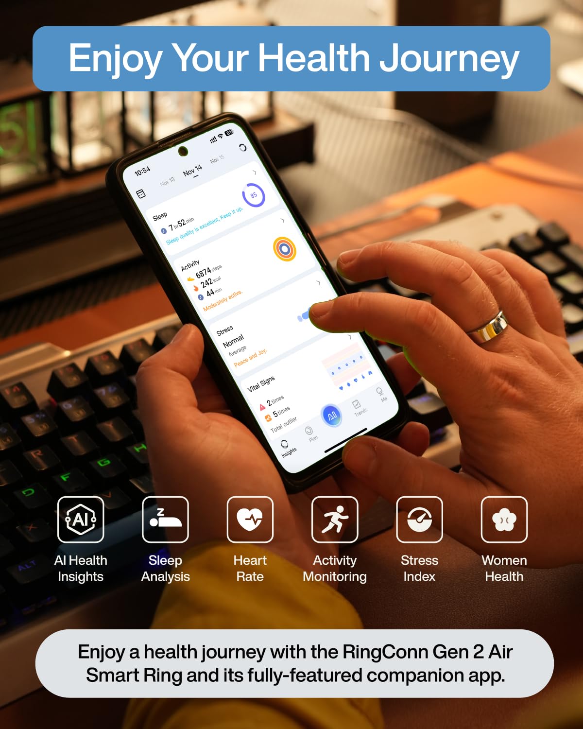 Ultra-Thin AI Smart Ring, 10-Day Battery Life, Fitness/Sleep/Stress/Women's Health Tracker, IP68 Waterproof Health Ring, Compatible with Android & iOS (Size 9, Galaxy Silver)