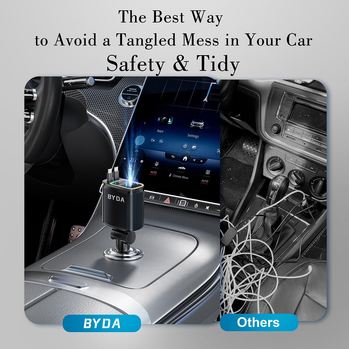 4 in 1 Retractable Car Charger with Starry Light,69W USB-C Fast Car Charger, for iPhone 17/16/15/14/13/12/11, Android,Pixel,Cigarette Lighter Charger (Grey, for Light-ning+USB-C)