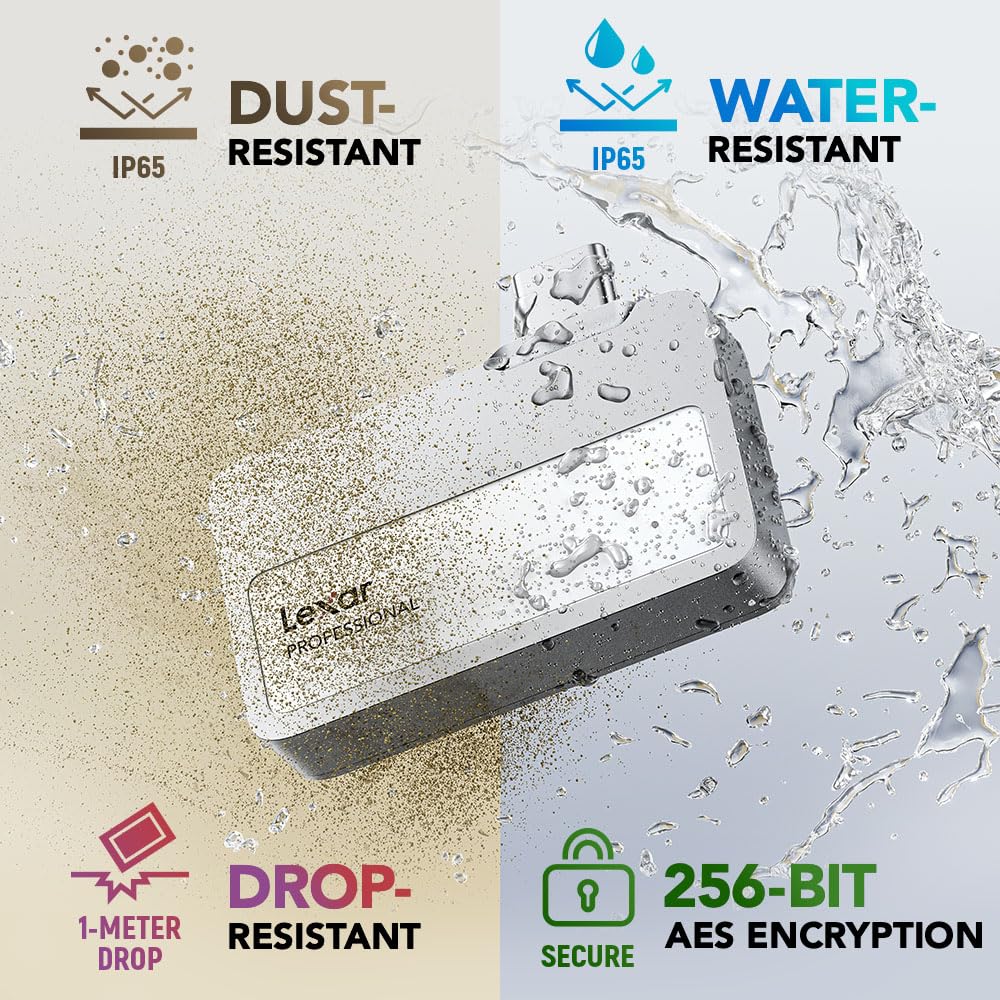 1TB Professional Go Portable SSD w/Hub, Supports Apple 4K 60fps ProRes, Up to 1050MB/s, USB 3.2 Gen 2, Rugged, IP65, Ultracompact, Compatible w/iPhone 15/16, External SSD (LSL400S001T-RNSNU)