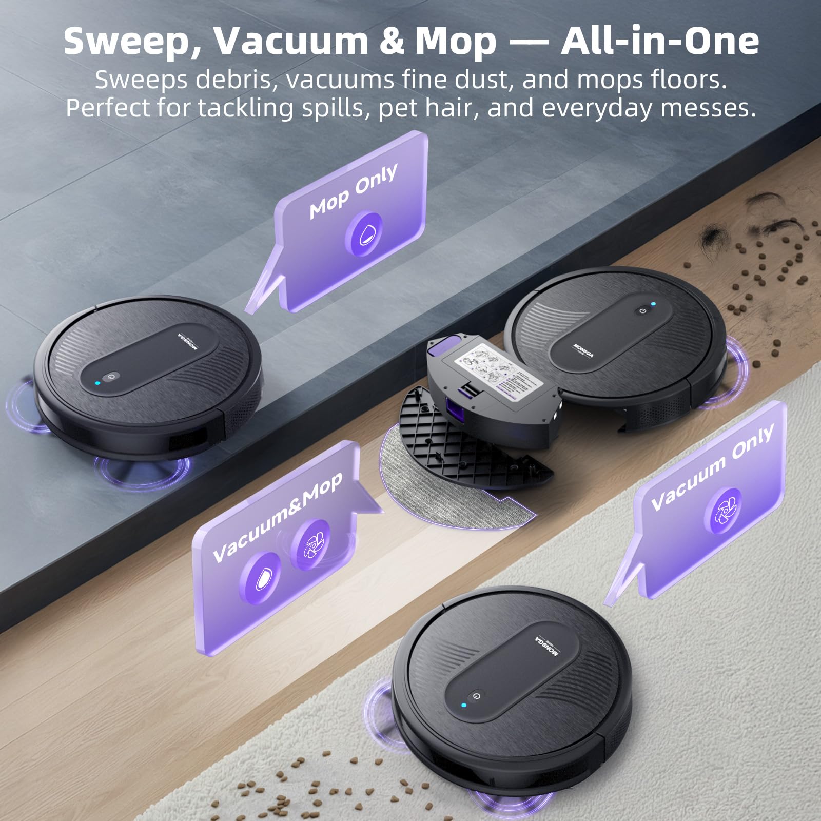Robot Vacuums and mop, Powerful Suction Robotic Vacuum, 140Min Runtime, Ideal for Hard Floor, Low Pile Carpet, Pet Hair, Remote/App/Voice Control, Schedule Clean (Black)