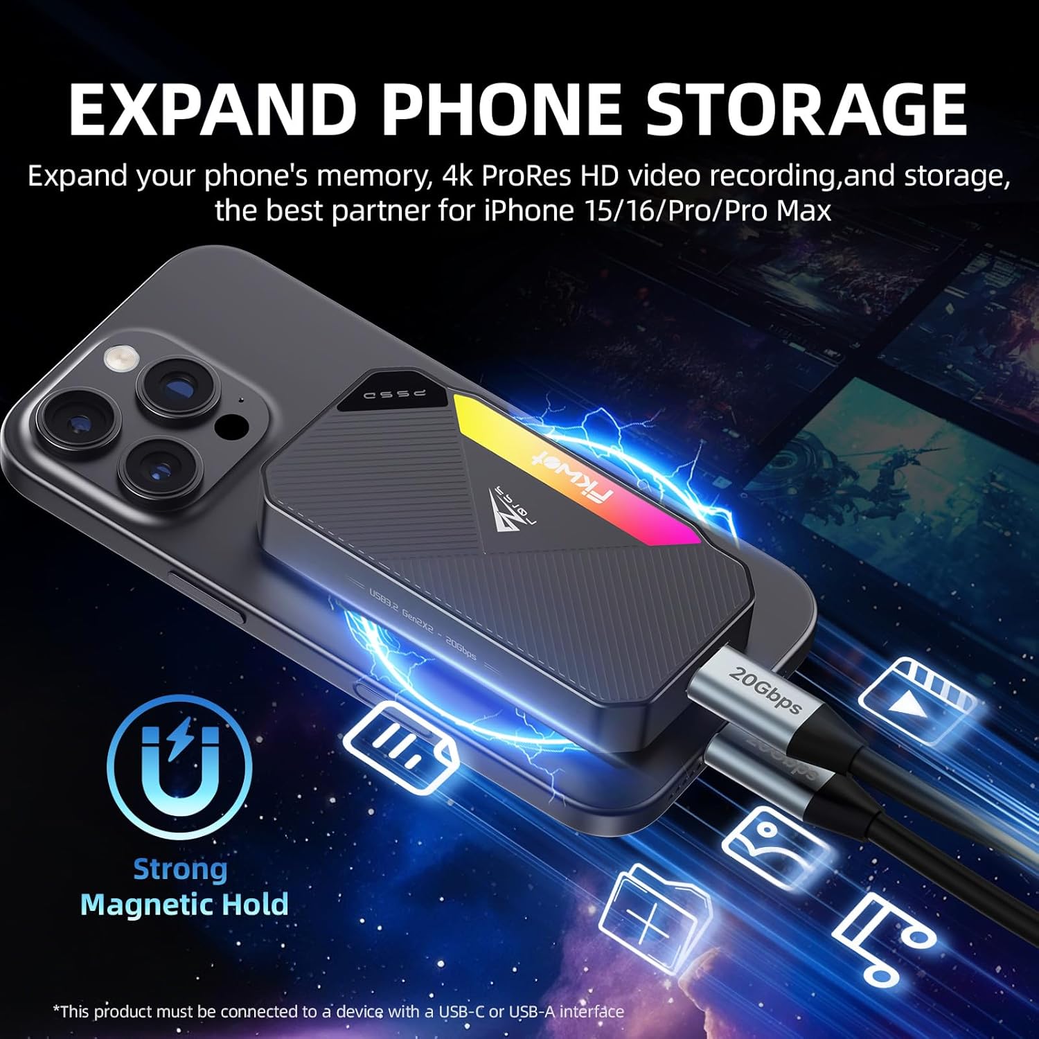 1TB Magnetic Portable SSD - 2050MB/s External SSD with Dynamic RGB Lighting and USB 3.2 Gen2x2 20Gbps, Designed for Recording and Storing 4K ProRes HD Video on PS5 /PC/Mac/iPhone15/16, etc.