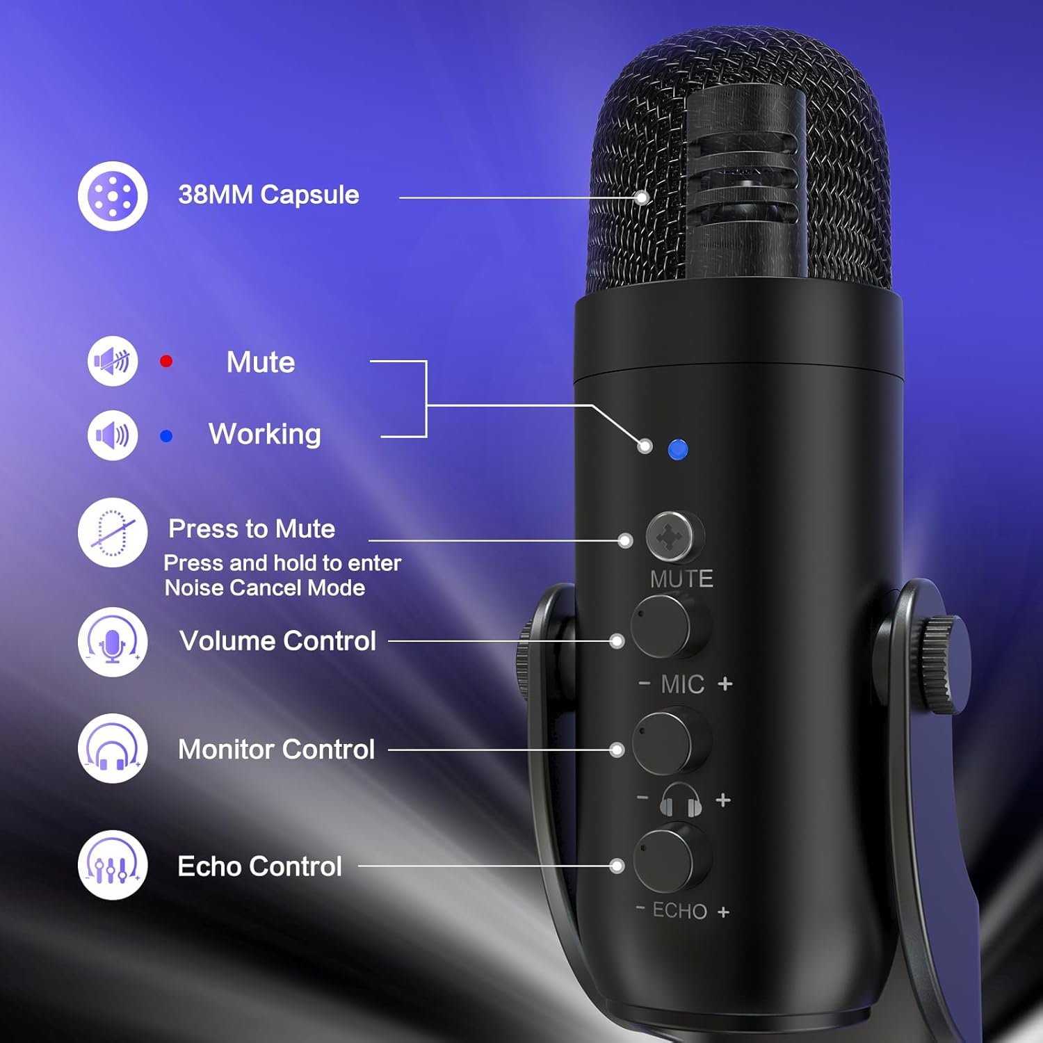 Podcast Microphone for PC, Noise Cancellation USB Mic with Gain, Volume Adjustment & Mute Button, Monitoring & Echo, for YouTube, TikTok, Podcasting, Streaming, iPhone, iPad, Android, Mac