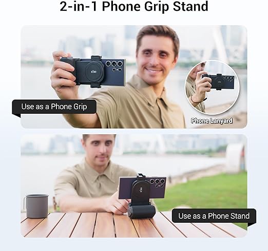 Phone Camera Grip Travel Smartphone Camera Tripod Mount with Remote Control & Cold Shoe Adapter for iPhone & Samsung Selfie Vlog Video Shooting Grip