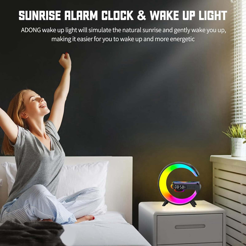 LED Wireless Charger Night Light Lamp, Bluetooth Speaker with Lights Alarm Clock, G Shaped Wireless Speaker Atmosphere Lamp for Bedside Dorm Office, Kids Adults Desk Table Lamp Gift (Black)