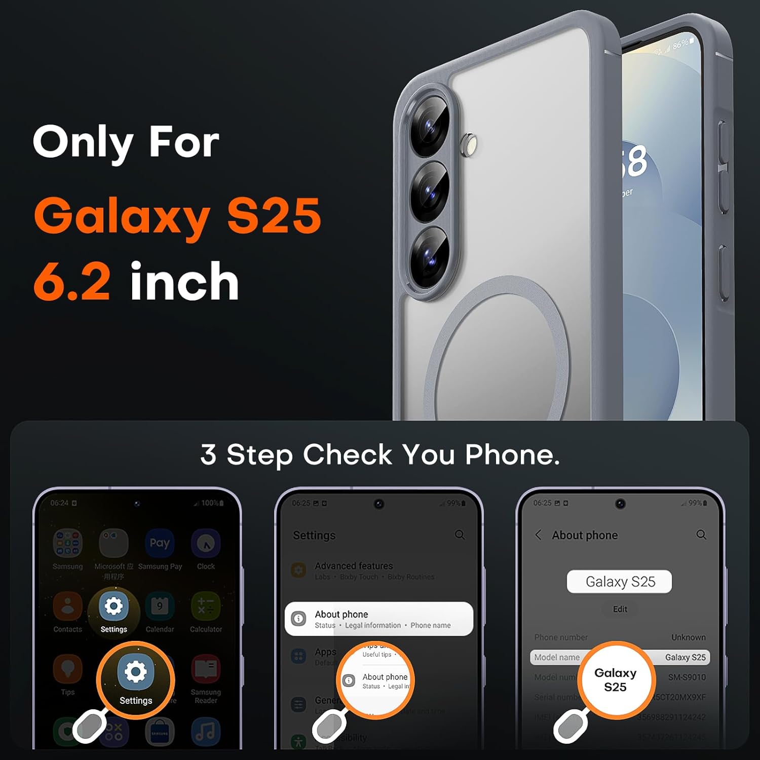 Samsung Galaxy S25 Case Magnetic, Upgraded [Full Camera Protection] [Military Drop Protection] Matte Back Cover for S25, Gray