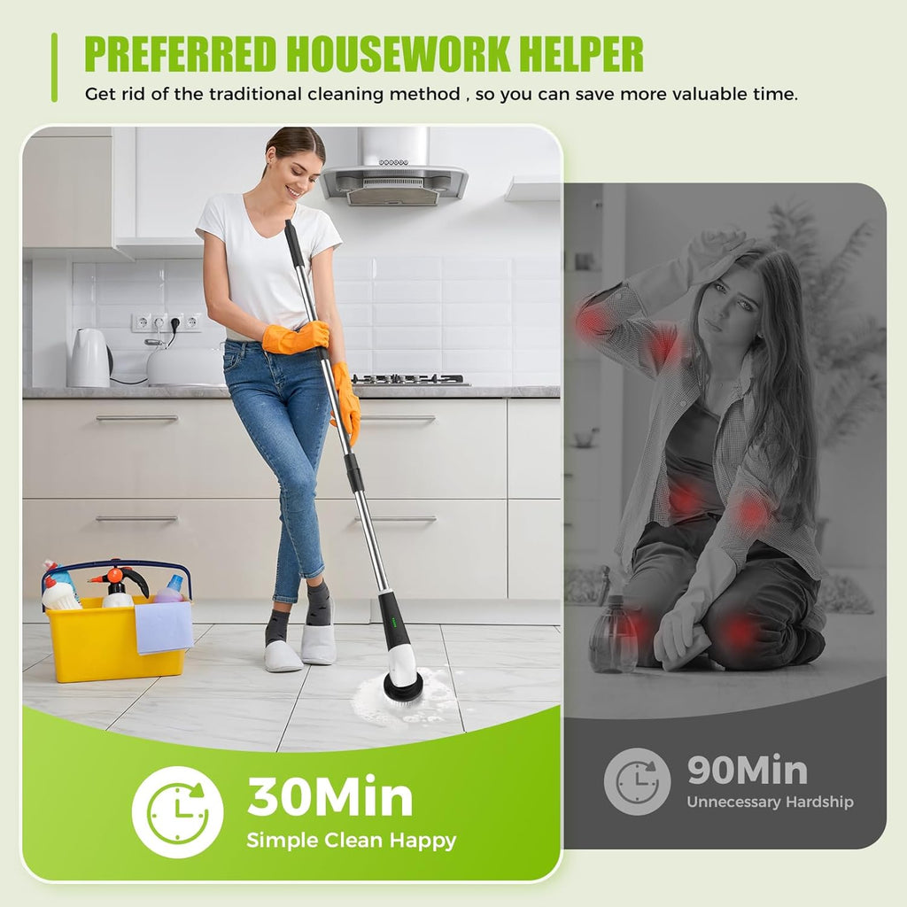 Electric Spin Scrubber, Cordless Electric Cleaning Brush, Shower Scrubber with 8 Replaceable Brush Heads, Power Scrubber 2 Adjustable Speeds, Bathroom Brush with Long Handle for Bathtub, Tile (White)