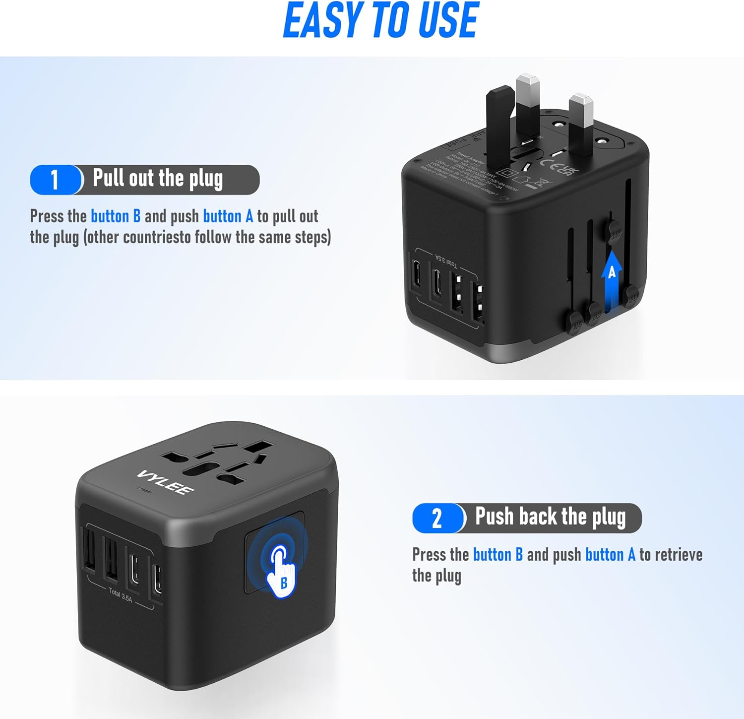 Universal International Power Travel Plug Adapter, 5 in 1 European Travel Plug Adapter W/ 3.5A 2xUSB-A and 2xUSB C Wall Charger and Worldwide AC Outlet for Europe USA UK AUS Asia (Black Grey)