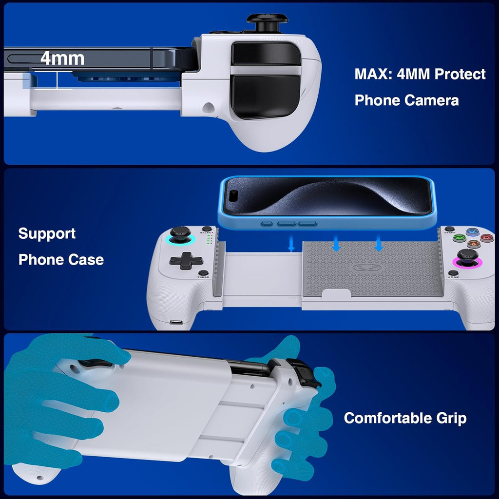 Game Controller - Compatible with iPhone & Android, Mobile Gaming Controller with Hall Joysticks, Phone Case Support, Wireless Phone Controller for Xbox Game Pass, Steam Link & More, White