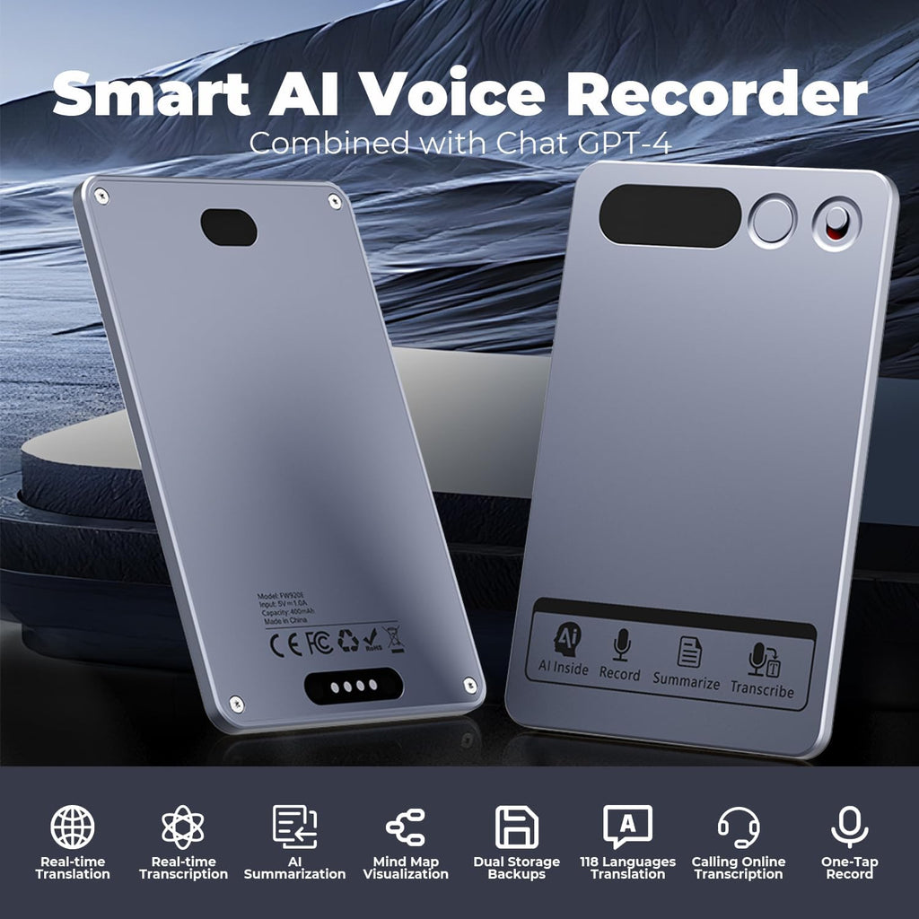 AI Voice Recorder 64GB with App Control - Note Recorder with AI Transcribe & Summarize, Supports 118 Languages Voice-to-Text, Portable Recording Device for Lectures Meetings
