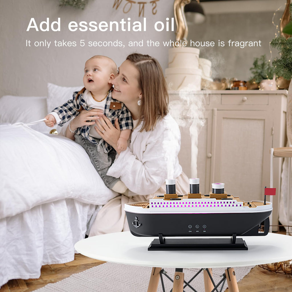 Titanic Humidifier 250ml, Essential Oil Diffuser Cool Mist Ultrasonic Aroma Aromatherapy Diffuser with Remote Control 7 Light 2 Mist Mode Auto Shut-Off for Bedroom Office Hotel(Black White)
