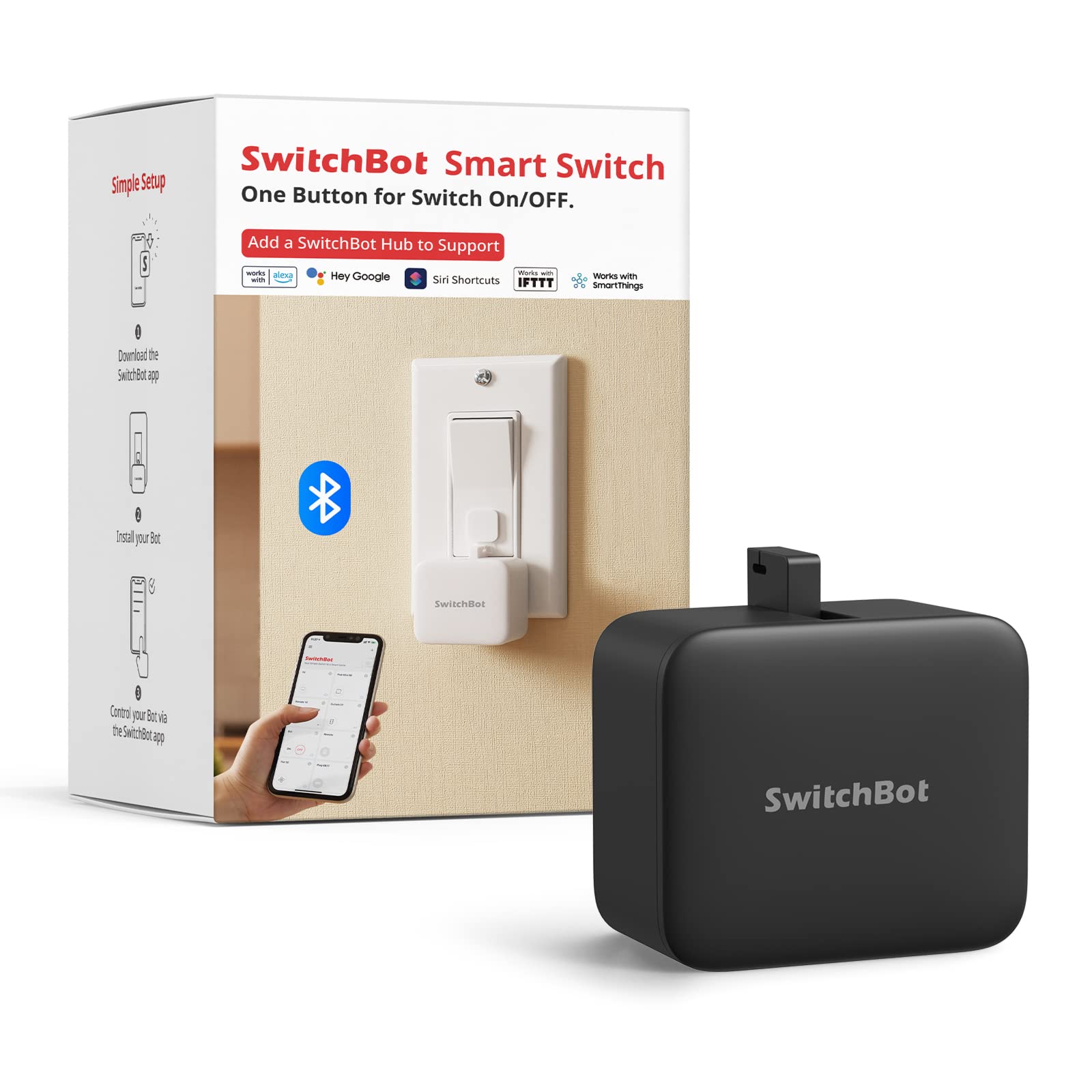 Smart Switch Button Pusher - No Wiring, Wireless App or Timer Control, Add SwitchBot Hub Mini to Make it Compatible with Alexa, Google Home, HomePod, IFTTT (Black)