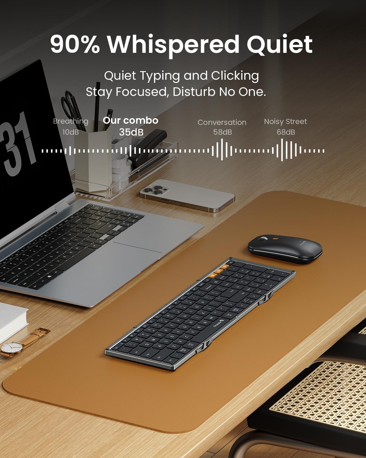 Foldable Keyboard and Mouse, XKM01 True Full-Size Folding Wireless Keyboard Mouse Combo for Business Travel, a Portable Office Suite On-the-Go, Compatible with Laptop iPad Tablet - Black Gray