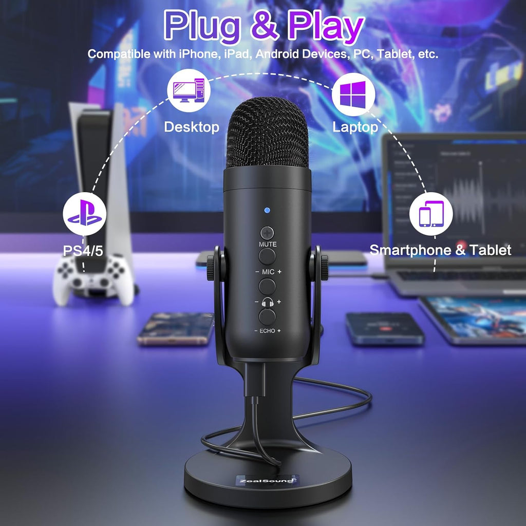 Podcast Microphone for PC, Noise Cancellation USB Mic with Gain, Volume Adjustment & Mute Button, Monitoring & Echo, for YouTube, TikTok, Podcasting, Streaming, iPhone, iPad, Android, Mac