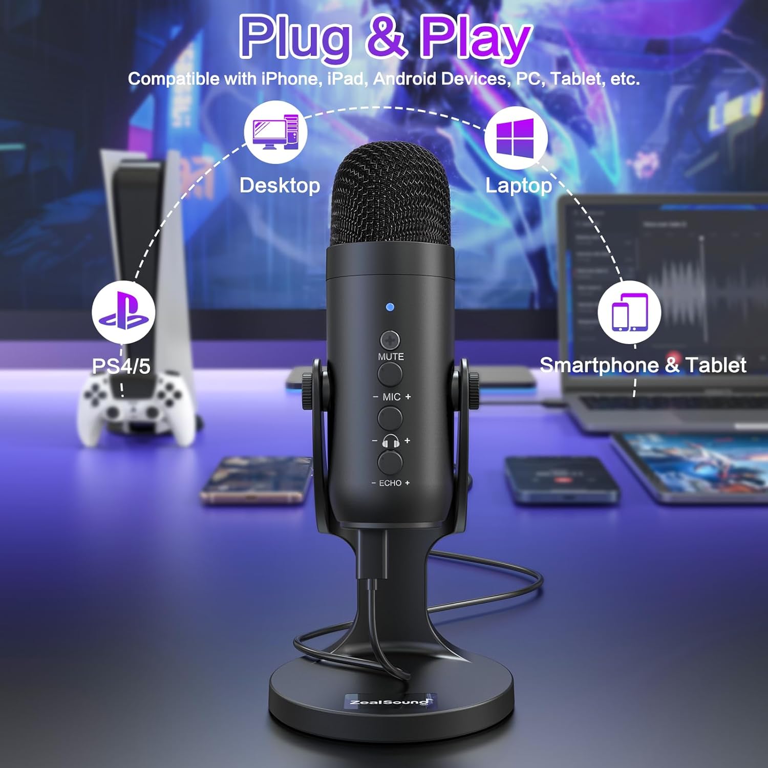 Podcast Microphone for PC, Noise Cancellation USB Mic with Gain, Volume Adjustment & Mute Button, Monitoring & Echo, for YouTube, TikTok, Podcasting, Streaming, iPhone, iPad, Android, Mac