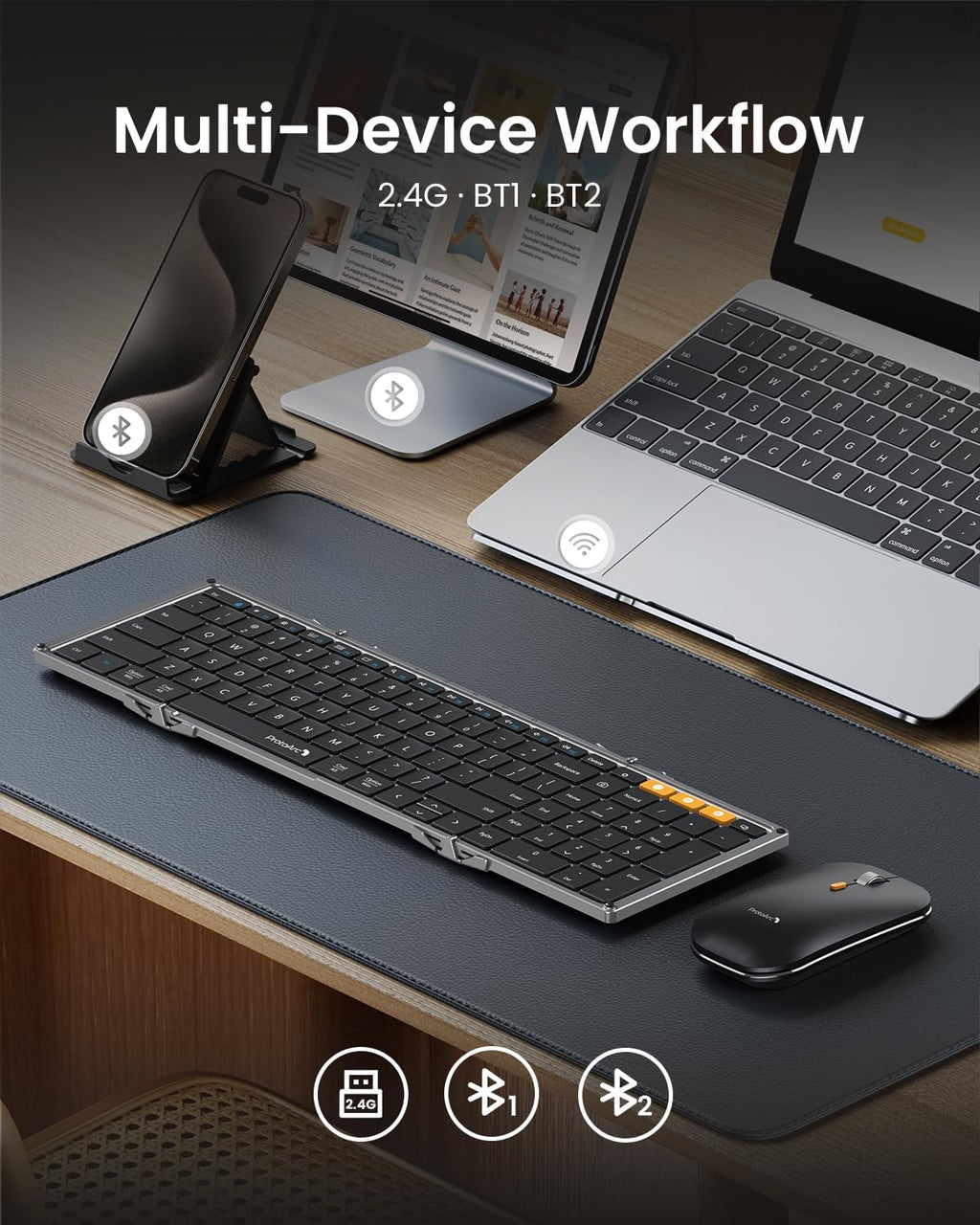 Foldable Keyboard and Mouse, XKM01 True Full-Size Folding Wireless Keyboard Mouse Combo for Business Travel, a Portable Office Suite On-the-Go, Compatible with Laptop iPad Tablet - Black Gray