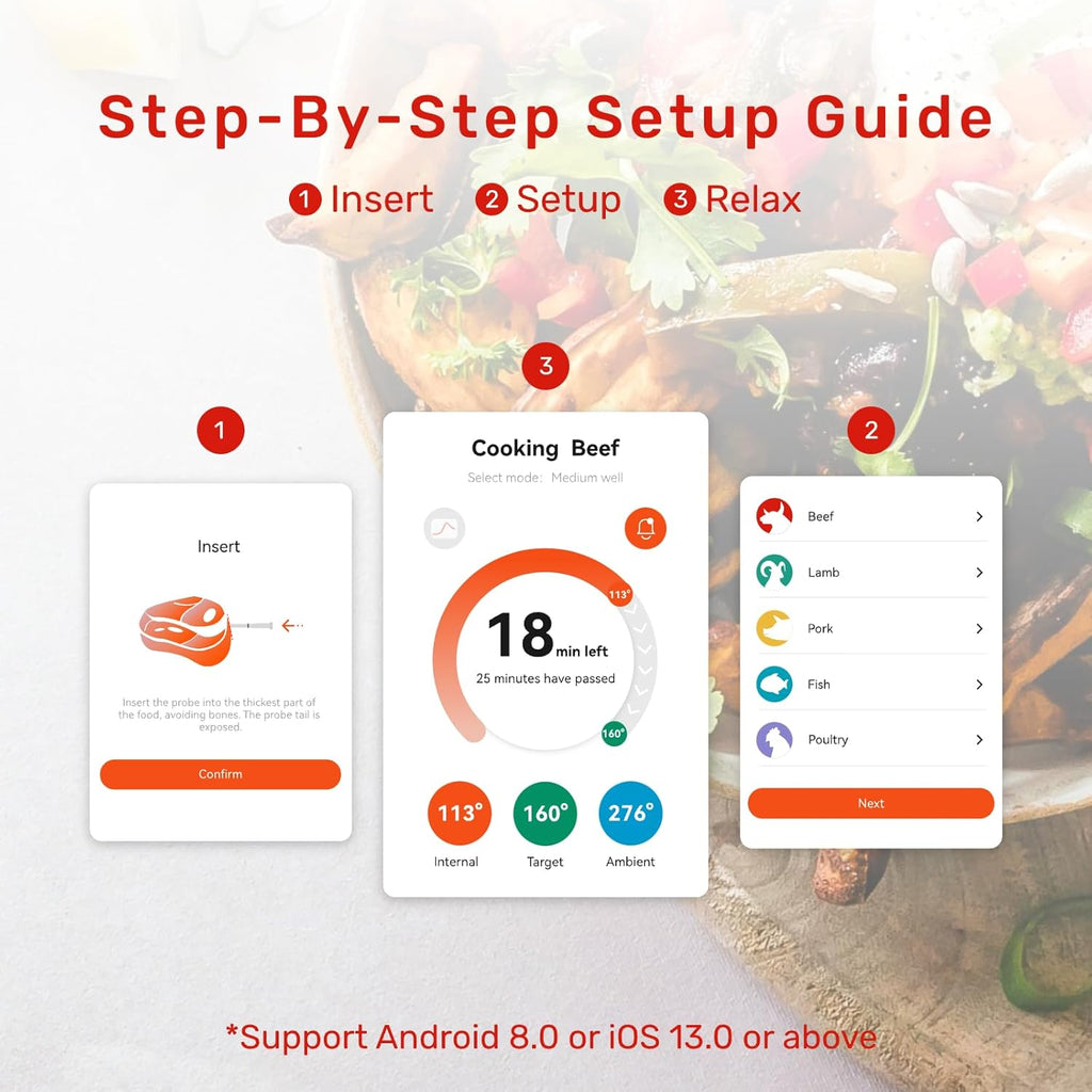 Bluetooth Wireless Meat Thermometer, with 6 Sensors Build in, Long Range, Smart App Monitoring with Timer & Alarm, IP69 Waterproof, Meat Thermometer Probe for BBQ, Grill, Oven, Kitchen