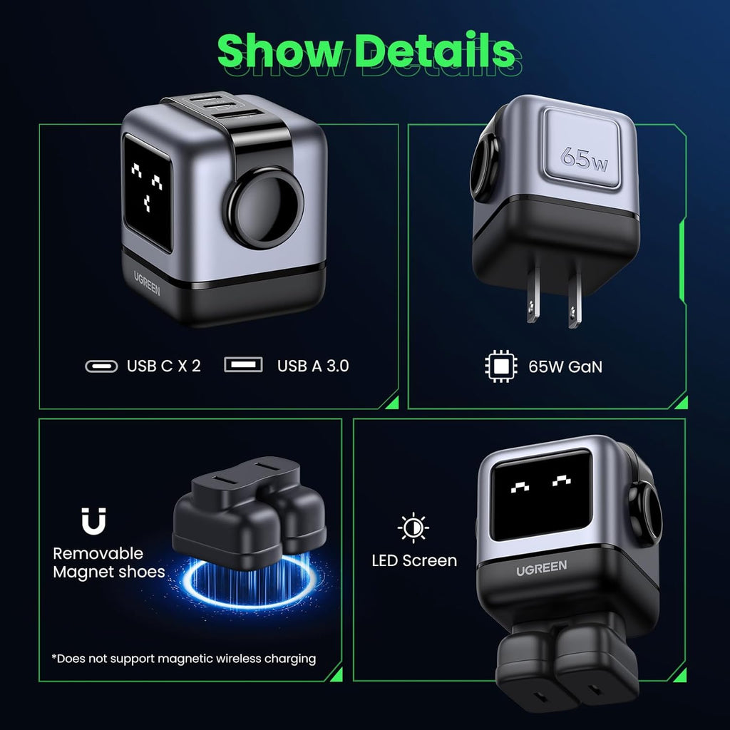 65W USB C Charger, Nexode Robot GaN Fast Charger Block 3-Port, Compact Wall Charger Power Adapter for MacBook Pro/Air, iPhone 15 14 Pro, Galaxy S23 Ultra, Pixel 8, iPad, Steam Deck, Black