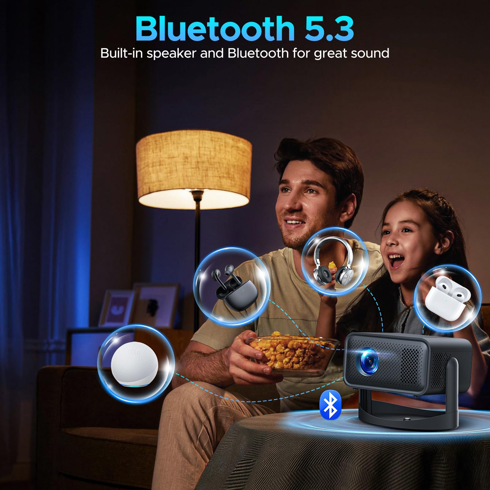 Mini Projector with WiFi and Bluetooth, 360° Adjustable Stand Projector and Electric Focus & Auto Keystone Correction HD 1080P Support, Portable Projector Compatible with TV Stick, HDMI, Android/iOS