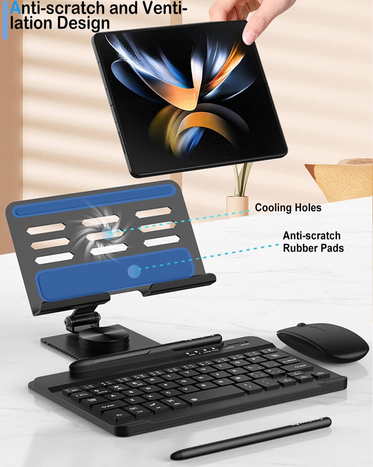 Bluetooth Keyboard and Mouse Set, Portable Travel Keyboard Adjustable Foldable Aluminum Alloy Stand Holder with Pen for 4.7"-8.5" Devices