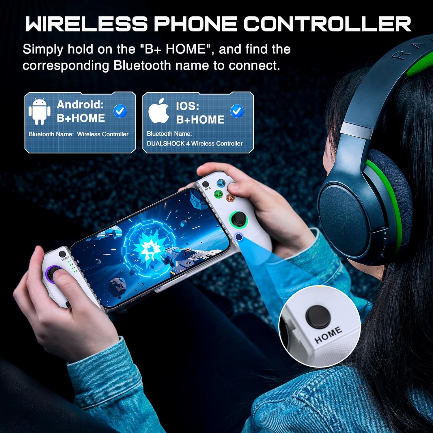 Game Controller - Compatible with iPhone & Android, Mobile Gaming Controller with Hall Joysticks, Phone Case Support, Wireless Phone Controller for Xbox Game Pass, Steam Link & More, White