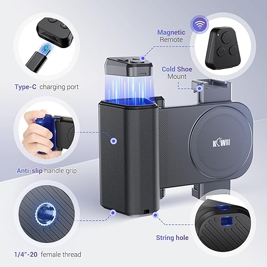 Phone Camera Grip Travel Smartphone Camera Tripod Mount with Remote Control & Cold Shoe Adapter for iPhone & Samsung Selfie Vlog Video Shooting Grip