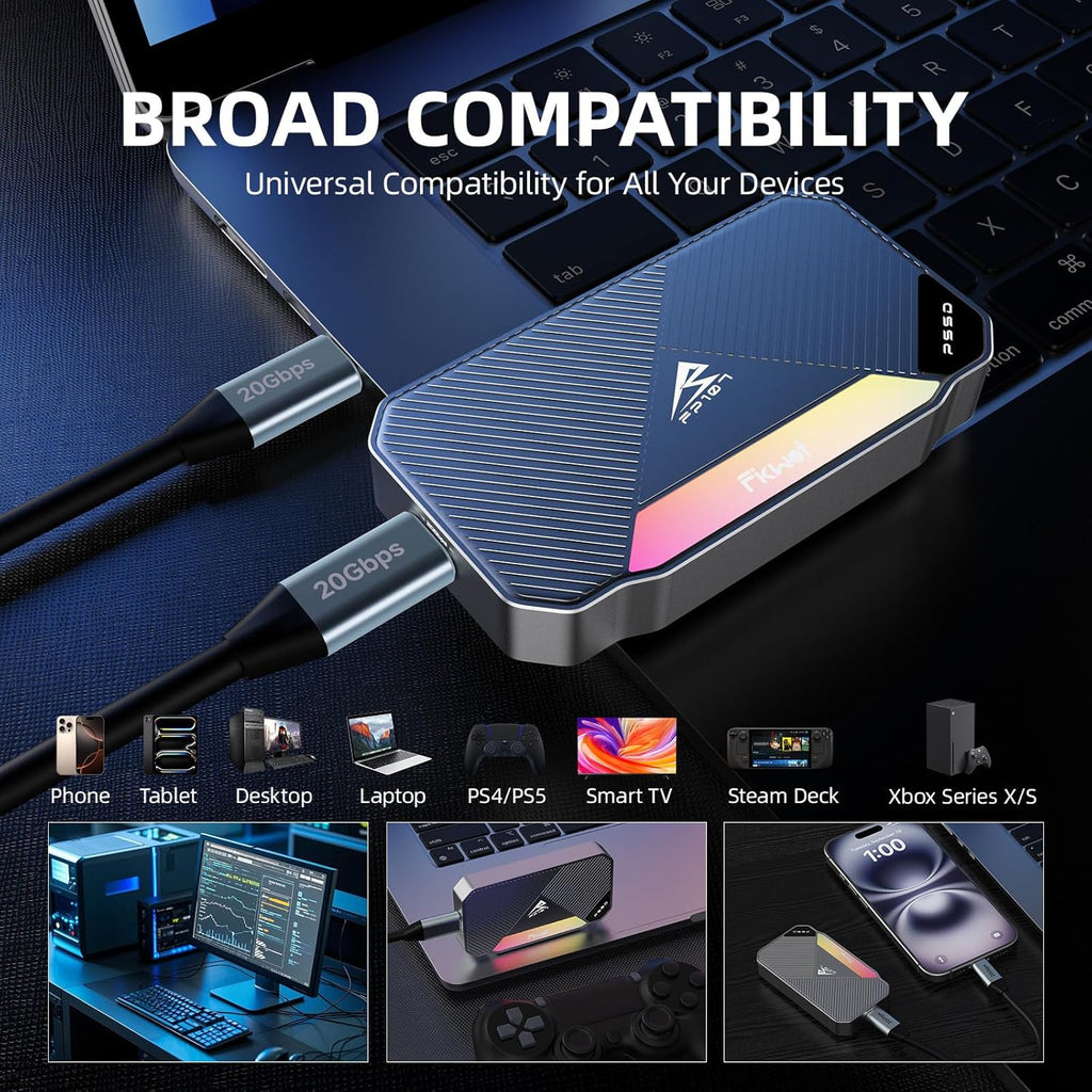1TB Magnetic Portable SSD - 2050MB/s External SSD with Dynamic RGB Lighting and USB 3.2 Gen2x2 20Gbps, Designed for Recording and Storing 4K ProRes HD Video on PS5 /PC/Mac/iPhone15/16, etc.