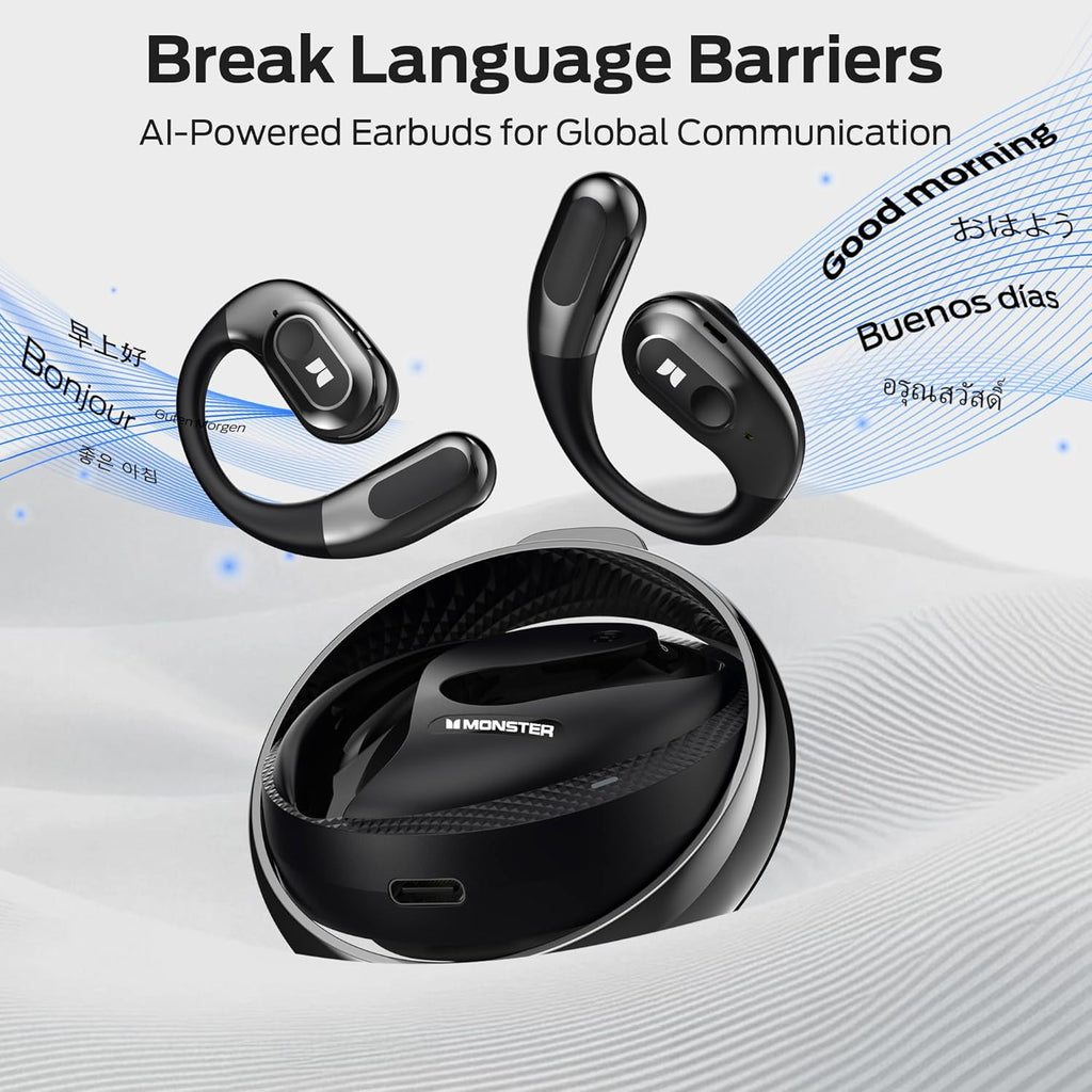 AI Translation Earbuds AC330, 3-in-1 Translator Earbuds Bluetooth 6.0, Wireless Open Ear Headphones with 115 Languages Real-Time Translation, Stylish Rotating Case with Lanyard, Black