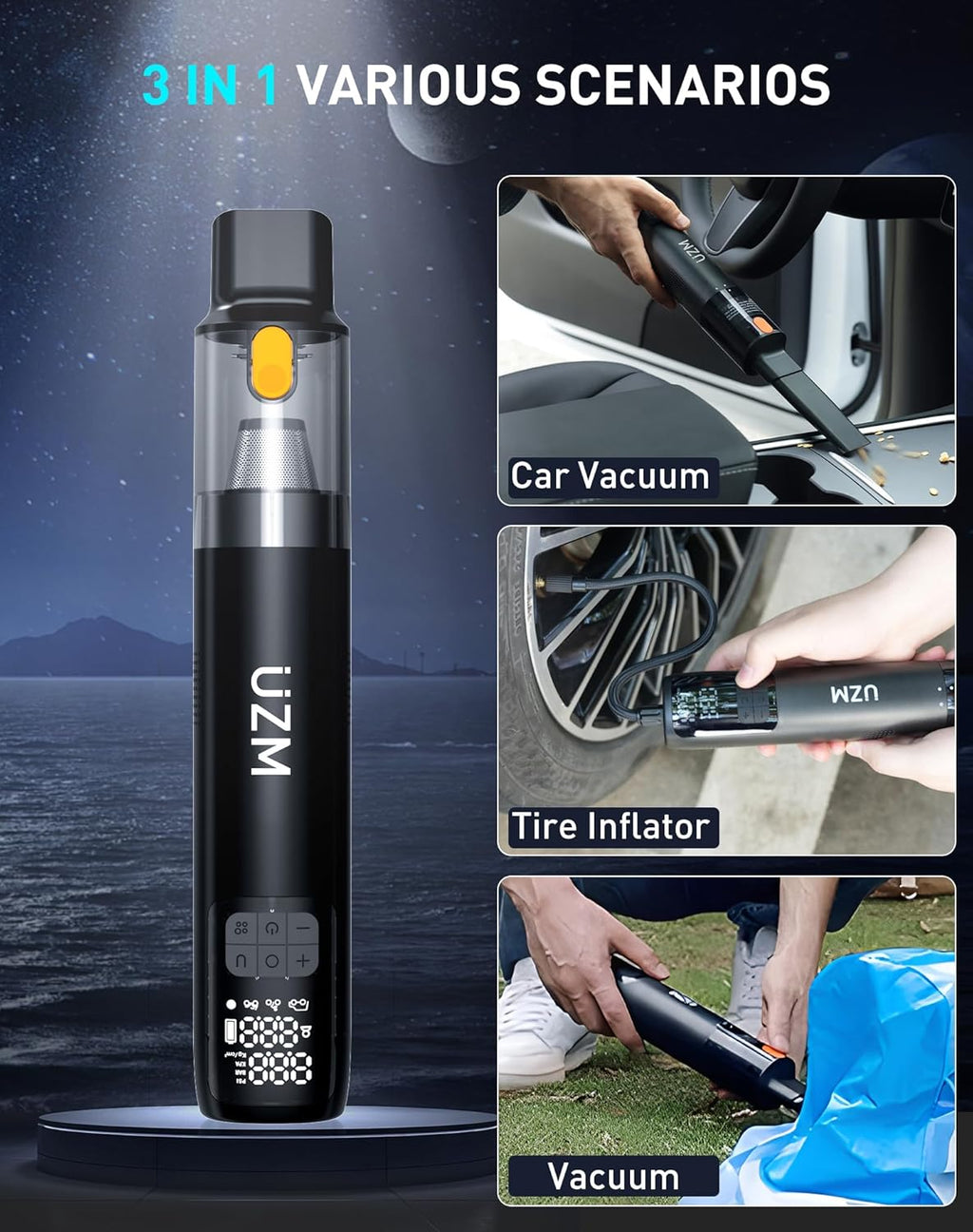 3-in-1 Car Vacuum and Tire Inflator, Cordless Car Vacuum Cleaner, 2X Fast Inflation,150 PSI,12000Pa Suction Power, LED Display, Portable Air Pump for Car, E-Bike, Motorcycle, Ball