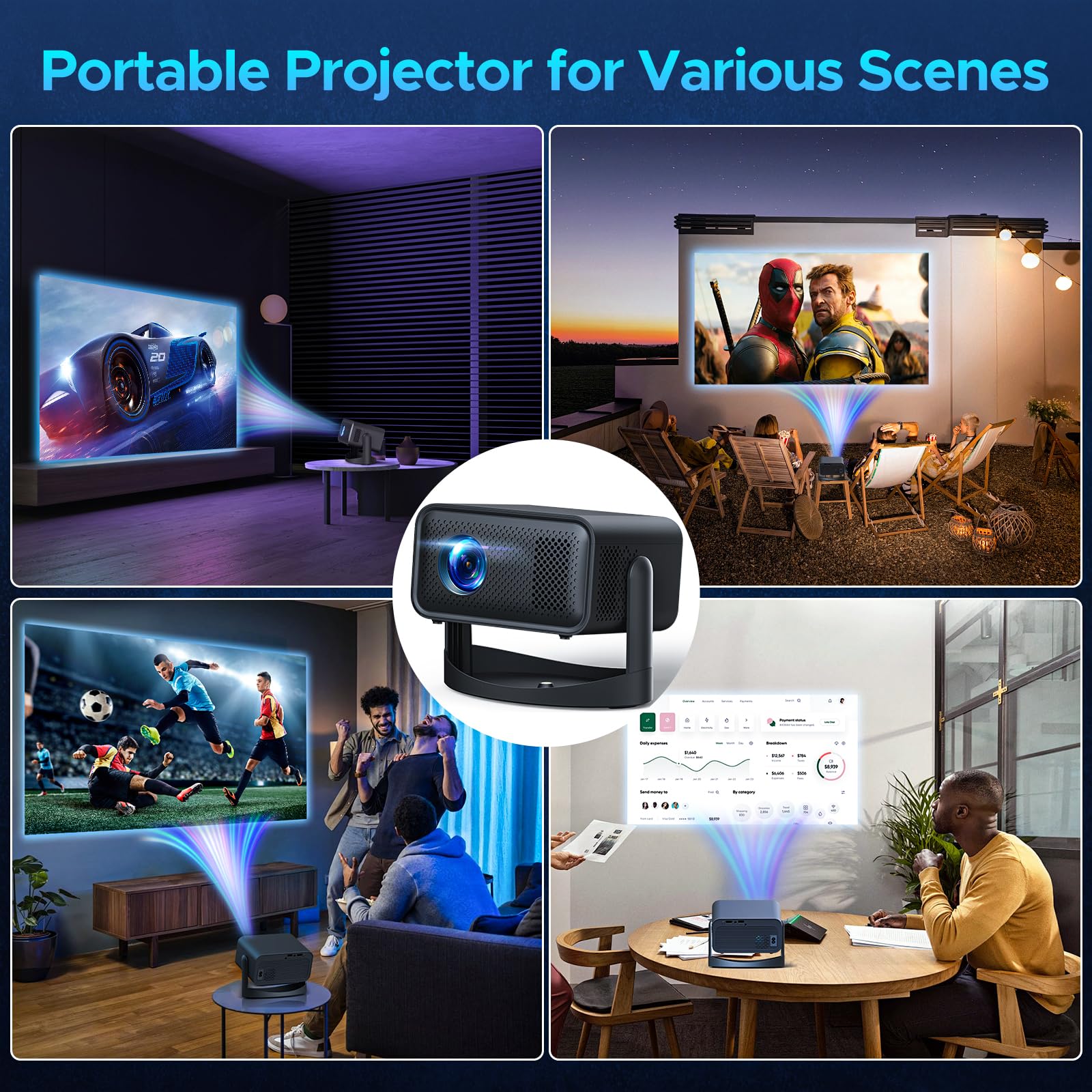 Mini Projector with WiFi and Bluetooth, 360° Adjustable Stand Projector and Electric Focus & Auto Keystone Correction HD 1080P Support, Portable Projector Compatible with TV Stick, HDMI, Android/iOS