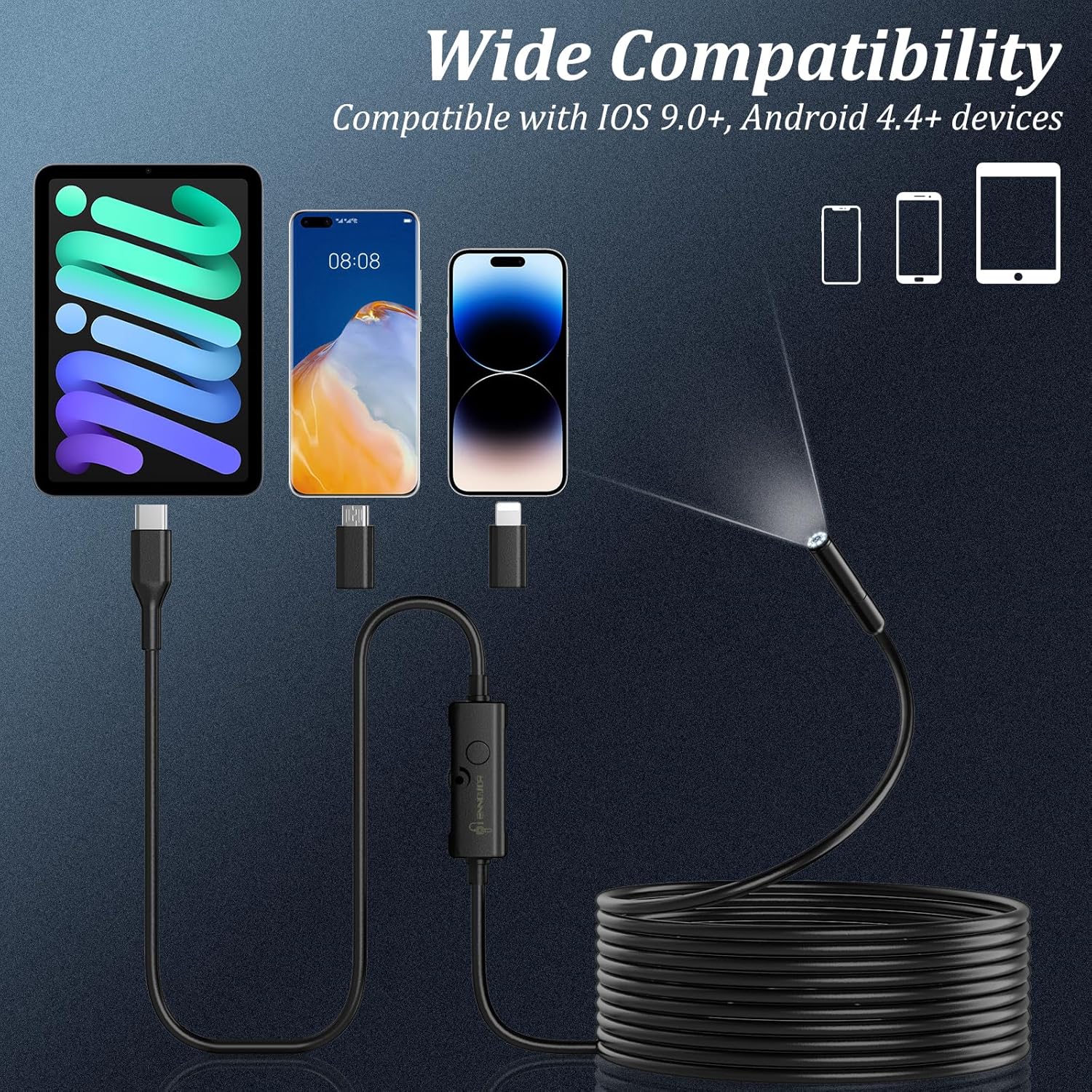 Endoscope Camera with Light, Ennovor 1920P HD, Endoscope Inspection with 8 Adjustable LED Lights, Borescope with Flexible Rigid Snake Camera, IP67 Waterproof and No Wi-Fi Required, for Android & iOS