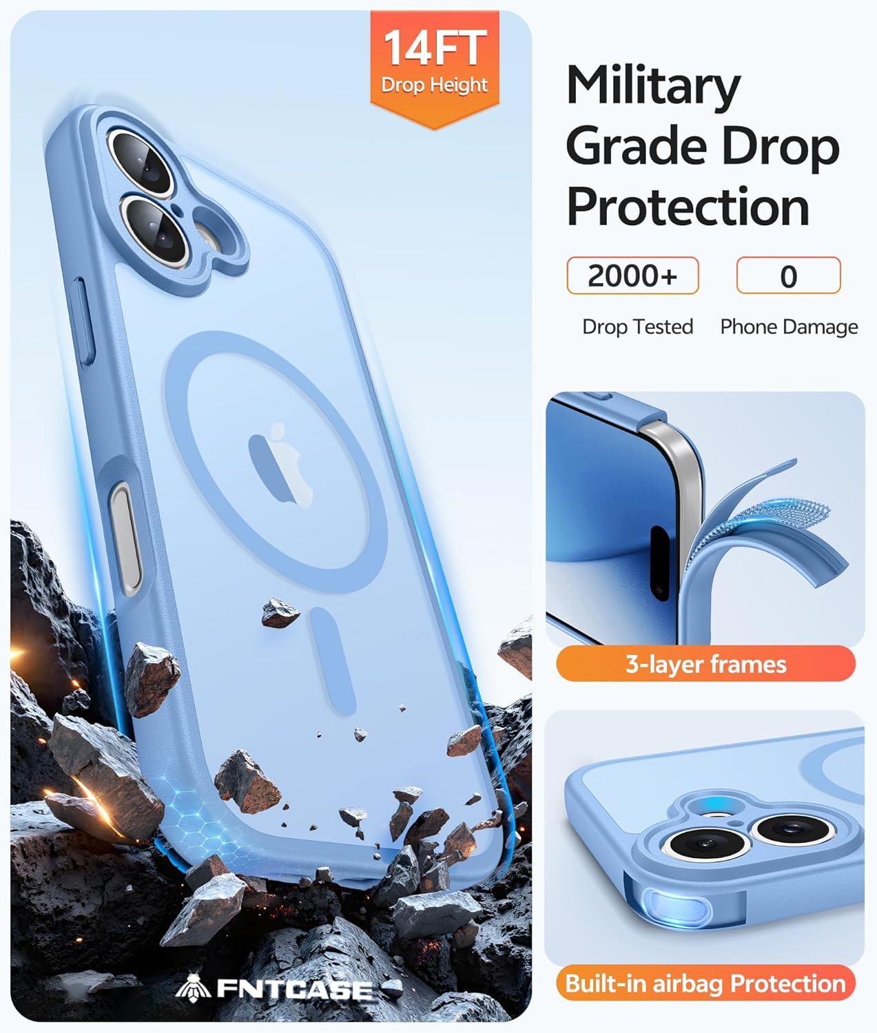 iPhone 17 Phone Case: Magnetic Translucent Matte [Full Covered Camera Protection] [Screen Protector] Military Grade Shockproof Slim Cover Drop Proof Protective Cases - Light Blue