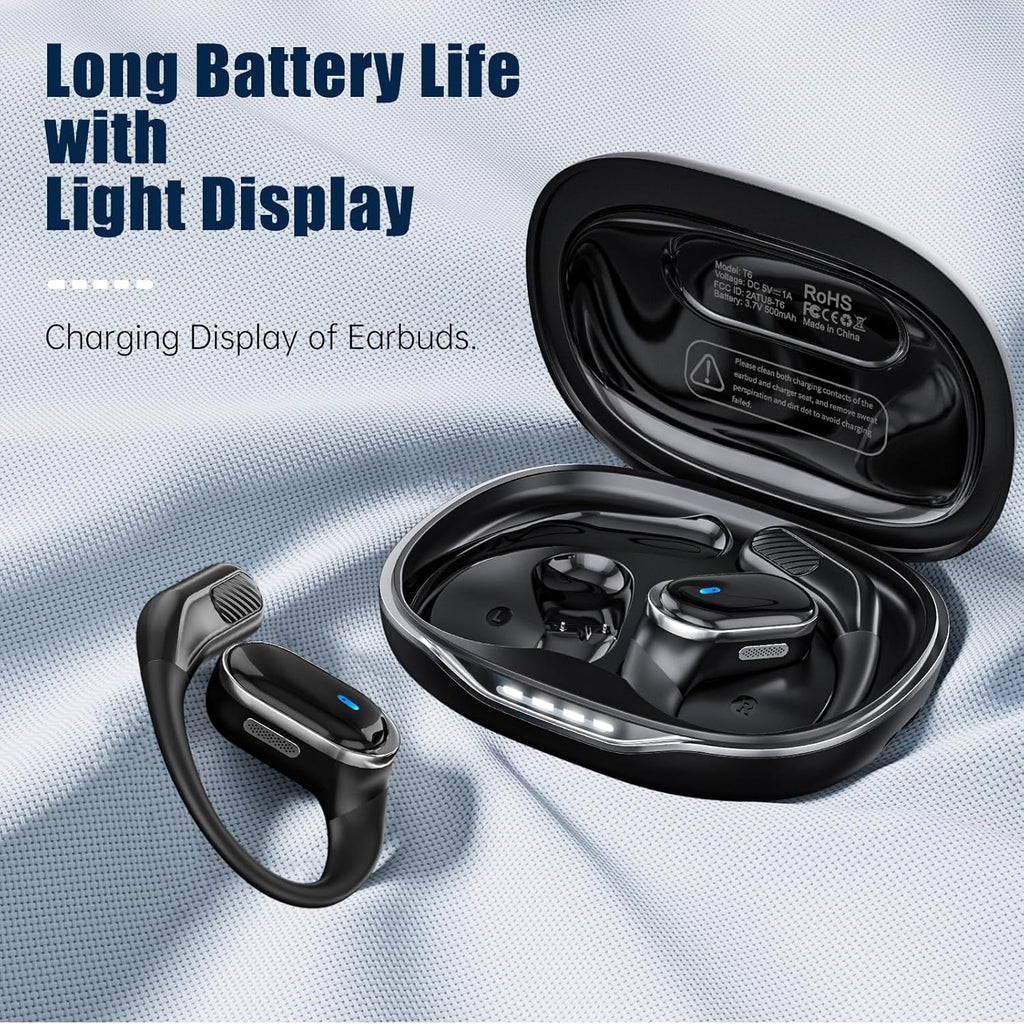 Wireless Earbuds Bluetooth 5.4 Headphones, 50H Playtime Stereo Earphones with ENC Noise Cancelling, IPX7 Waterproof Open Ear Buds with Ergonomic Ear Hook for Fitness/Sports/Workouts/Travel (Black)
