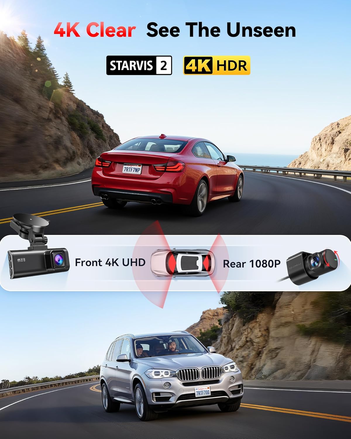 4K Dash Cam Front and Rear with STARVIS 2, 5.8GHz Wi-Fi Dash Camera for Cars, 128GB Card Included, GPS, 3.18”IPS Screen, Night Vision, 170°Wide Angle, WDR, 24H Parking Mode(F7NP)