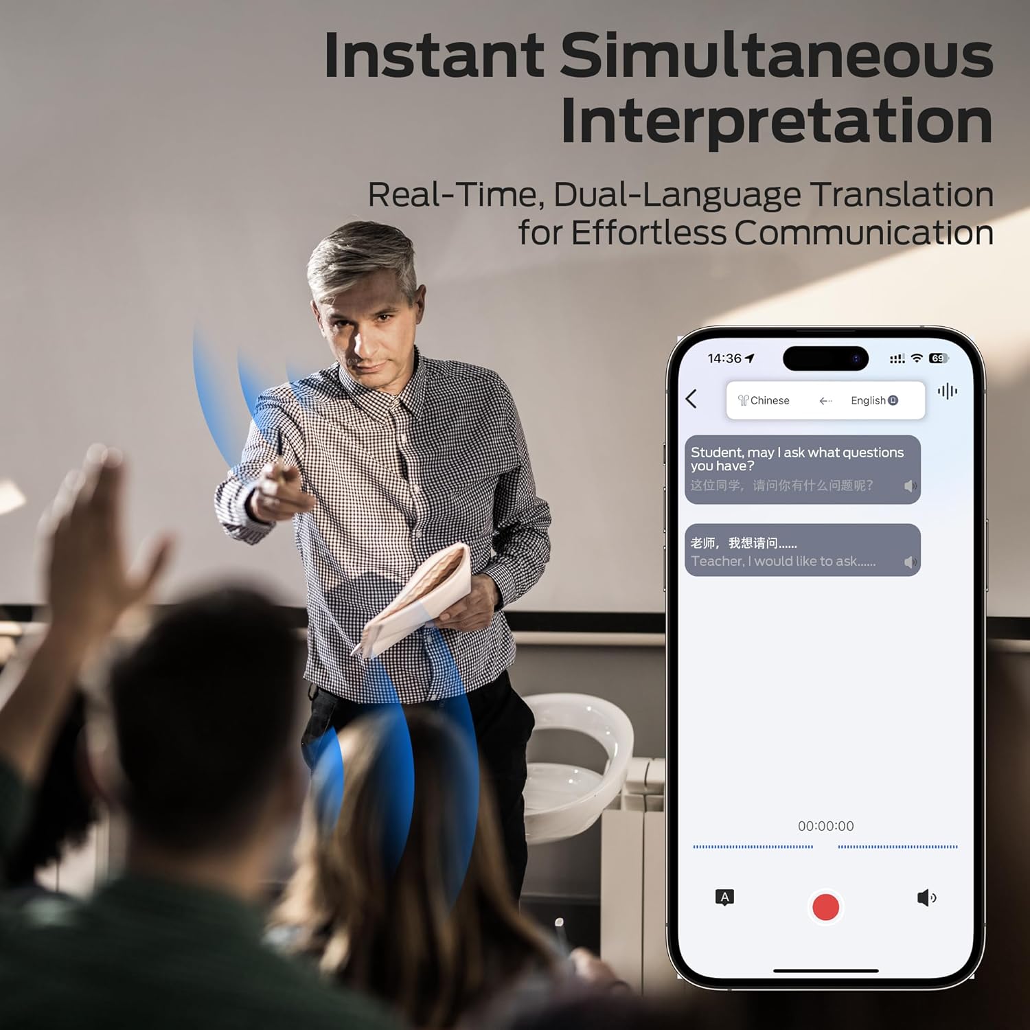 AI Translation Earbuds AC330, 3-in-1 Translator Earbuds Bluetooth 6.0, Wireless Open Ear Headphones with 115 Languages Real-Time Translation, Stylish Rotating Case with Lanyard, Black